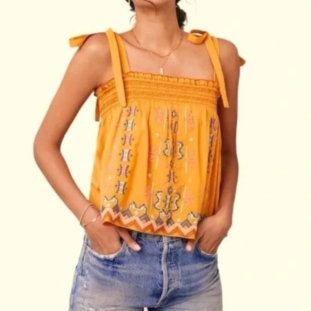 Rachel Zoe Embroidered Cotton Smocked Tie Strap Tank Top Yellow Size XS